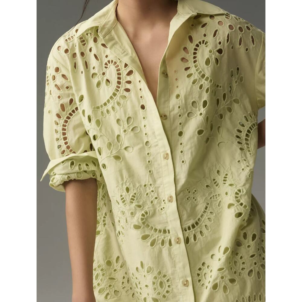 Anthro Eyelet Shirt Dress Green Cutout Mini Dress Button Front Cotton Size M - Picture 13 of 13